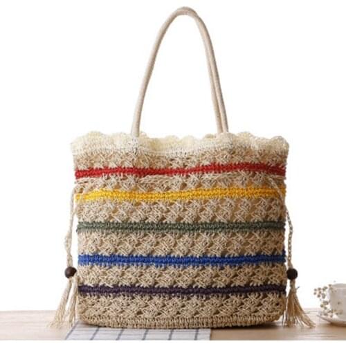 Rainbow pumping straw bag college wind large-capacity shoulder woven bag womens travel vacation beach leisure bag
