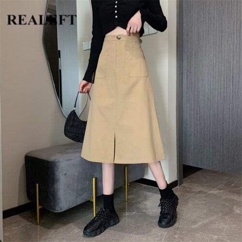 REALEFT Summer Womens A-Line Skirts Fashion Solid Color Chic Elastic High Waist Pockets Vintage Midi Skirts Ladies 2021 New