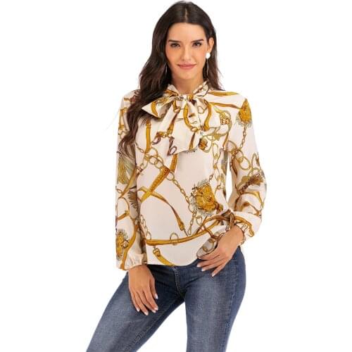 High Street Style Women Chiffon Blouse 2021 Spring Autumn Bow Collar Chain Print Shirt Female Casual Long Sleeve Pullover Tops