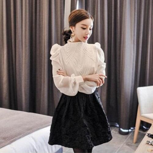 Korean Autumn Women Luxuriy Chiffon Blouse Puff Sleeve Stand Collar Vintage Shirts + Fashion Pleats A-line Skirt Casual Set