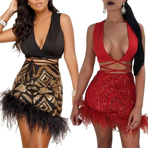 Bling Sequin 2 Piece Sets Sexy and Club Ostrich Hair Women Two Piece Outfits