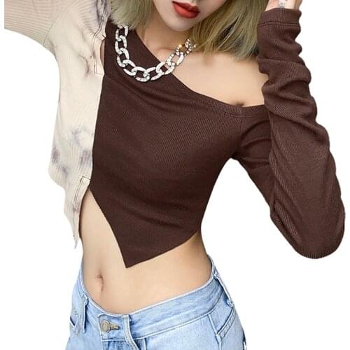 Hirigin Womens Color Block Crop Tops Long Sleeve Off Shoulder Front Slit Irregular Rib Knit Oblique Shoulder T-Shirts