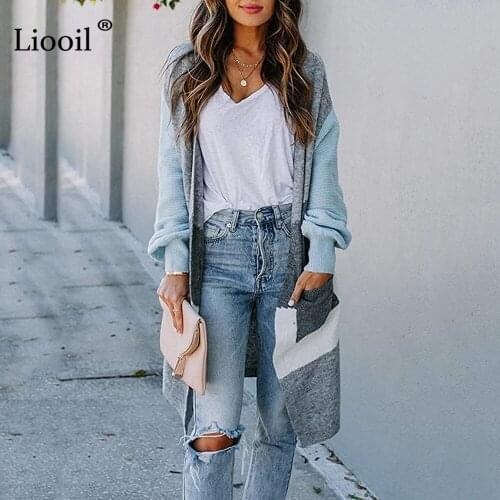 Liooil Knitted Patchwork Long Cardigan Women 2020 Color Block Long Sleeve With Pockets Women Winter Casual Loose Sweater Coats