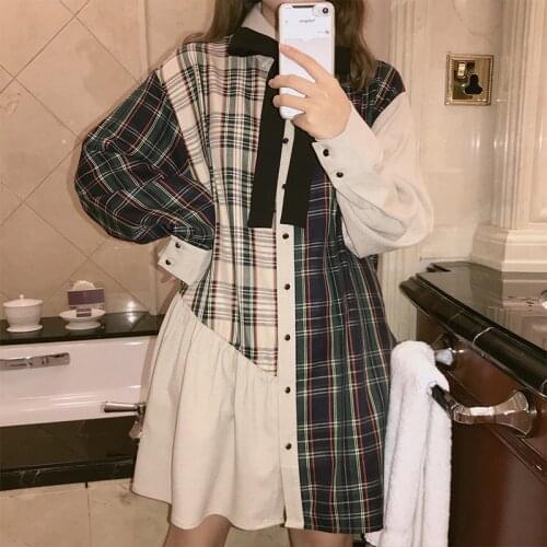 Little fairy plaid shirt dress female spring and autumn French niche Japanese college wind