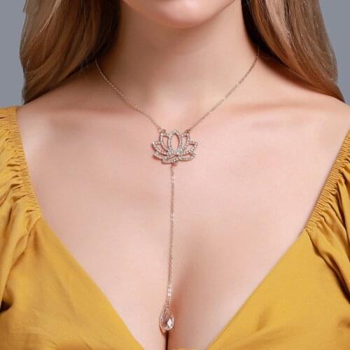 Women Fashion Crystal Lotus Flower Pendant Necklace Sweet Water Drop Tassel Necklace Jewelry Gifts