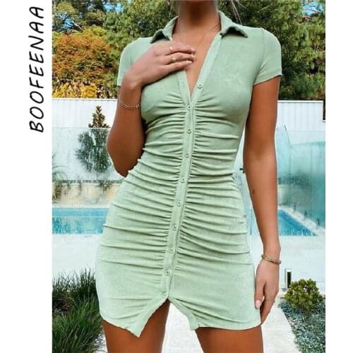 BOOFEENAA Sexy Casual Short Sleeve Button Up Shirt Dresses for Women 2021 Fashion Ruched Bodycon Mini Dress Y2k Clothes C92-DD28