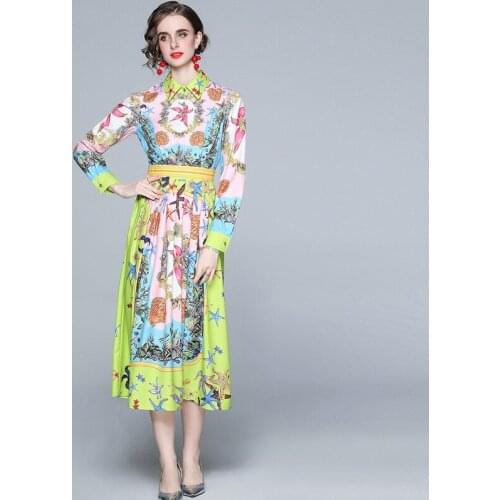 Womens Lapel Long Sleeve High Waist Starfish Beach Print Slim Dress Retro Bohemian Holiday Party Dress 2021 Summer New Vestidos