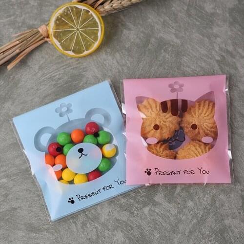100pcs10x10+3cm Cute Cat Bear Bakery Cookie Candy Sweet Biscuit Gift Soap Cello OPP Plastic Bag Kids Birthday Party Decorations