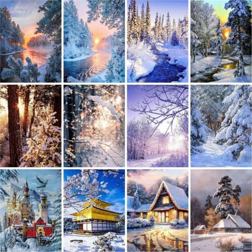 FIYO 5d Diamond Embroidery Cross Stitch Winter River Diamond Painting Full Square /Round Mosaic Tree Forest Landscape Wall Decor