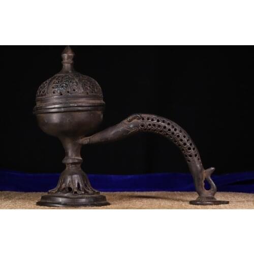9"Tibet temple Bronze Engraved Dragon statue Handle incense burner Oil lamp eight treasures Incense Town House Exorcism