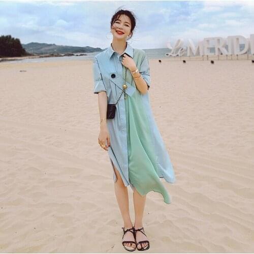 Irregular Shirt Skirt Women New Loose Lapel Simplicity Dress Casual Traveling Dress High Quality Short Sleeve Dress Women L2
