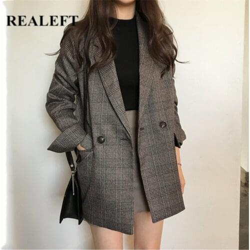 REALEFT Autumn Winter Women Vintage Plaid Blazers 2021 New Long Sleeve Loose Double Breasted Jacket Pockets Female Chic Outwear