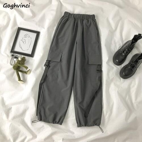 Women Casual Cargo Pants BF Solid All-match Multi-Pocket Loose Elastic Waist Trousers Autumn High Street Trendy Simple Students