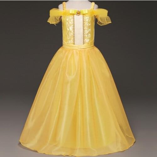 Fancy Princess Cosplay Belle Beauty And The Beast Solid Ball Halloween Party Prom Gown Role Play Girls Clothing Tutu Girl Dress