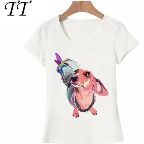 Handsome Dachshund and beautiful Hummingbird are falling in love T-Shirt Fashion Women t-shirt Dog Lovers Tops Cool Girl Tees