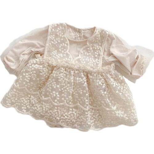 Baby Girls Dresses Full Sleeve Embroidery Flowers Outwear Jumpsuits For Toddler Newborn Overalls Dresses Cotton Lace Bodysuits