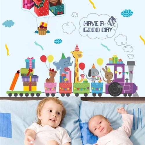 Cartoon Animals By Train Wall Sticker For Kindergarten Kids Room Bedroom Home Decoration Diy Safari Mural Art PVC Wall Decals