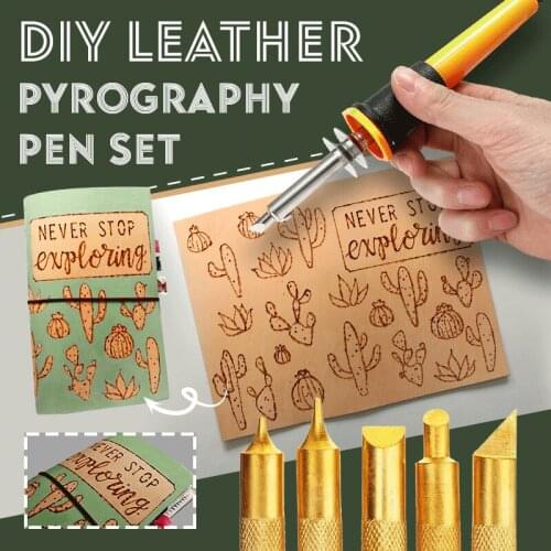 DIY Leather Pyrography Pen Set 7 PCS Electric Wood Carving Pen with 5 Heads & Stand Wood Craft Accessory for Soldering XH8Z