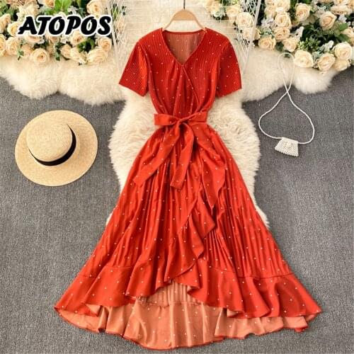 Women Party Dress Summer V-Neck Ruffles Lrregular Bow Bandage Elegant Midi Dresses Holiday Beach Sundress Female 2021 Atopos