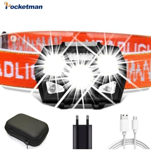 Pocketma LED Headlamp Super Bright Motion Sensor Headlight Hands-free Powerful Head Lamp USB Rechargeable Torch Lihgt Waterproof