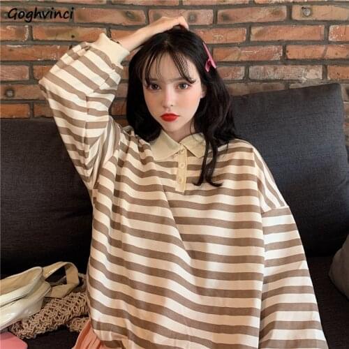 Hoodies Striped Turn-down Collar Student Simple All-match Streetwear Kawaii Loose Harajuku Korean Style Daily Females Pullover