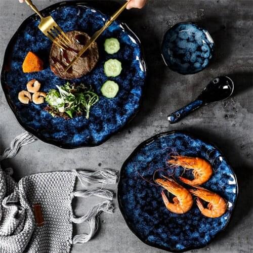 Japanese Ceramic Dinner Plate Salad Soup Bowl Dessert Dish Kitchen Tableware Creative Retro Kiln Change Steak Plate Dinnerware