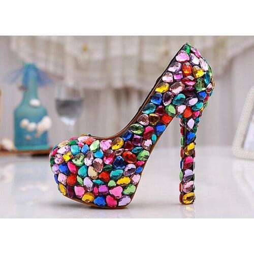 Hot sales Colorful Crystal high heels pumps women sexy shallow women shoes 2017 gladiator shoes women platform Nightclub shoes