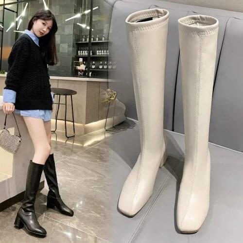 2021 Autumn Women Knee High Boots Female Square Toe Leather Zipper Long Knight Booties Elegant Lady Block 5CM Heels Shoes Black