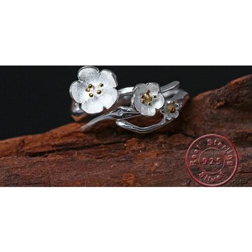 Amxiu 2019 Fashion Jewelry Two Tones Color Plum Flowers Rings 925 Silver Open Rings For Women Students Birthday Graduation Gift