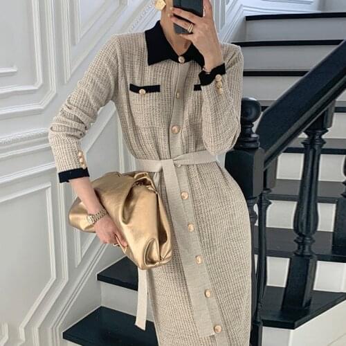 Patchwork Single-breasted Belt Casual Woman Warm Winter New Sweater Dress Women Knitted Thick Solid Jumper Dresses Korean 2021