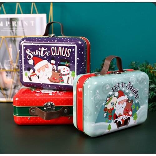1pc Merry Christmas Candy Box Party Gift Tin Metal Cookies Candy Box and Packaging Handle Storage Box