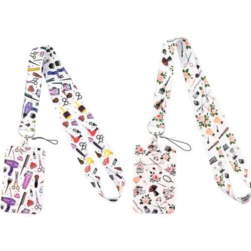 12pcs/lot E3363 Cartoon Hair salon supplies Lanyard Card ID Badge Holder Keychain Holder Key Rings Accessories Gift For Stylist
