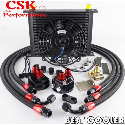30 Rows AN8 Engine Oil Cooler +7" Electric Fan + Filter Relocation Kit