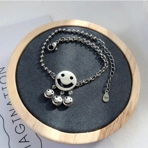 SA SILVERAGE Jewelry Wedding Bracelet Chain & Link Bracelets Trendy Face 925 Sterling Silver Cute Smile Bell Hip Hop Bracelet
