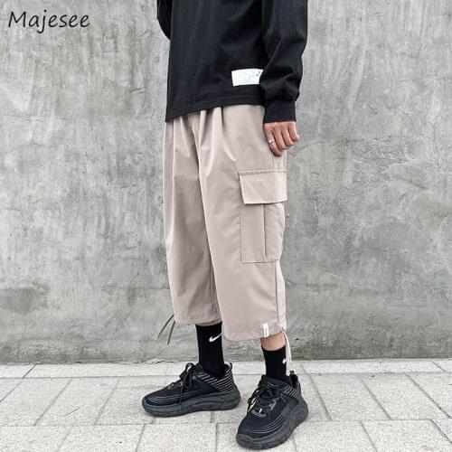 Men Casual Pants Calf-length Cargo Trousers Pockets Harajuku Summer All-match Elastic Waist Hip-hop Streetwear Korean Style Chic