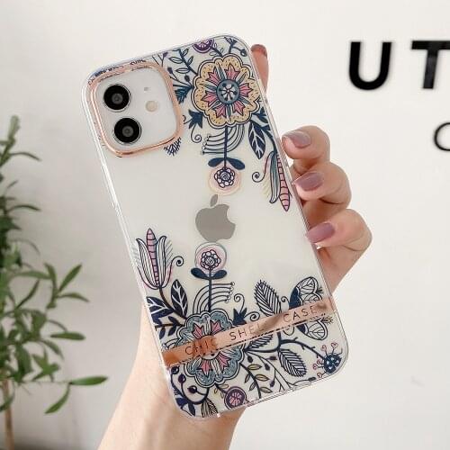 Luxury Electroplated Flower Art Leaf Clear Phone Case For iphone 12 11 Pro X XR XS Max 7 8 Plus Fashion Plating Back Cover Case