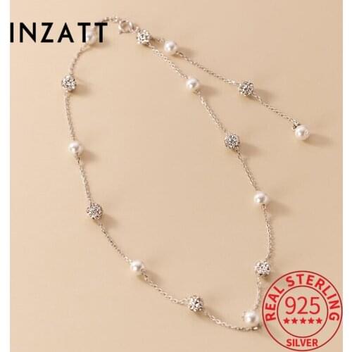 INZATT Real 925 Sterling Silver Geometric Zircon Round Pearl Choker Necklace For Women Cute Fine Jewelry Minimalist Accessories