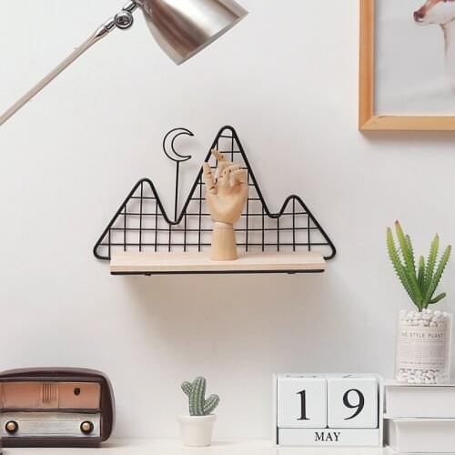 Nordic Style Wrought Iron High Mountain Moon Shape Geometric Home Ornament Organizer Rack Wall Shelf Crafts Storage Holder