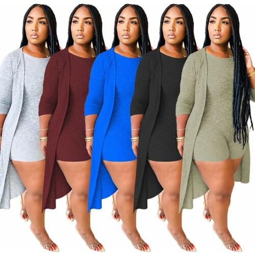 Women Plus Size Casual Two Piece Sets 2021 Spring New Arrivals O-neck Skinny Short Jumpsuits Long Sleeve Midi Cardigan Outfits