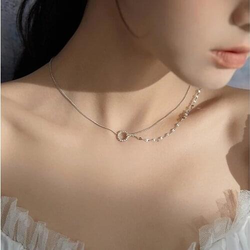 925 Sterling Silver Circle Necklace For Women Clavicle Double Chain Female Jewelry Choker Silver Accessories dz699