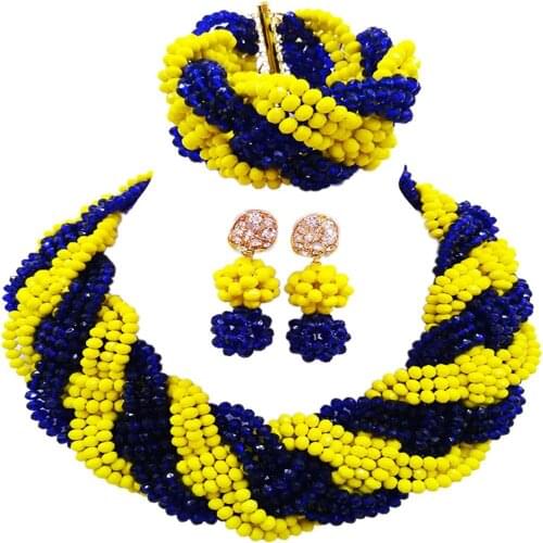 Trendy royal blue and opaque yellow african wedding jewelry set 12 strand plait costume necklace 12BZ-05