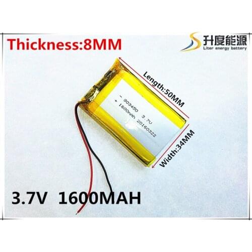 Li-po 3.7V,1600mAH,[803450] PLIB; polymer lithium ion / Li-ion battery for GPS,mp3,mp4,mp5,dvd,,model toy
