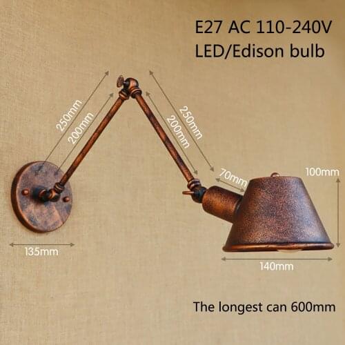 Loft retro Matte Black iron shade adjustable swing arm reading wall lamps Lights e27 / e26 sconce for workroom bedroom bar cafe