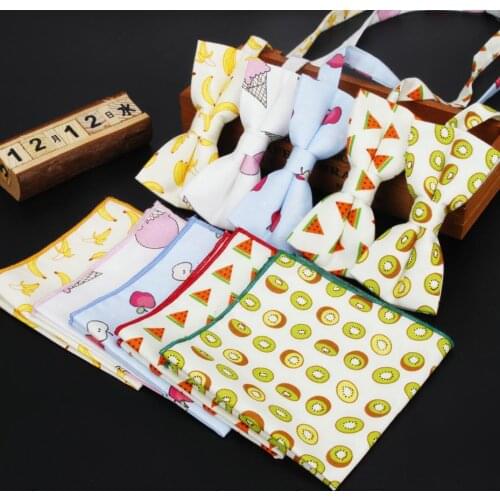 Mens Cotton Bow Tie Hankerchief Set Man Textile Fruits Printed Butterfly Pocket Square Printing Floral Classic Skinny Neck Ties