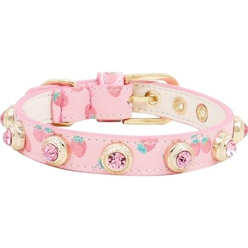 Dog Collar Leash Set Pet Accessories Cute Pink Strawberry Rivet Gem Handmade Cowhide Real Calfskin Cow Leather Drop Shipping