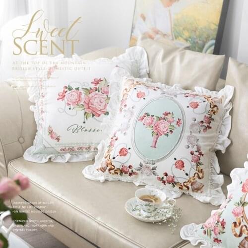 French Court Floral Bordered Cushion Cover - Rose Print Square 17 X 17Inch Pink White Tapestry Throw Pillow Cover - 2 Piece