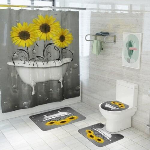 3D Sunflower Print Pattern Non Slip Toilet Mat Bathroom Curtains Set Bath Carpet Cover Rug Fabric Shower Curtain with Hooks