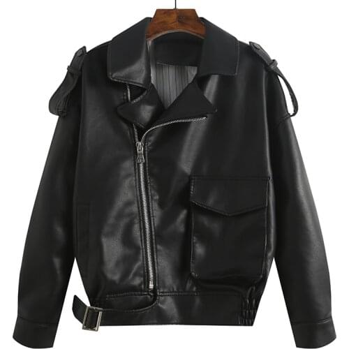 Autumn Brown Leather Jacket Women Casual Moto Jackets Black Leather Top Big Pockets Faux Leather Jackets Streetwear Loose Coats