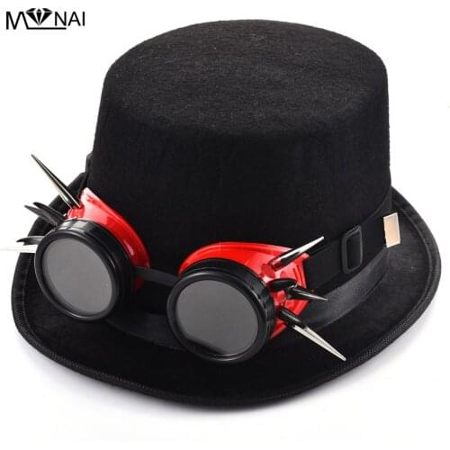 Fashion Women Men Spikes Red/Black Goggles Fedora Hat Steampunk Punk Rivet Glasses Cosplay Party Hats Accessories