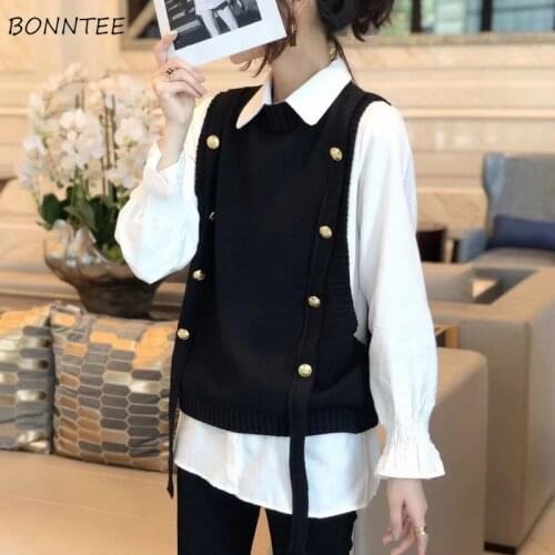 Sweater Vests Women Button Solid Fashionable O-Neck Sleeveless Female Clothing Korean Version Autumn Trendy Knitting All-match